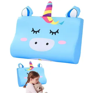 YANGUN Schlummerkids Kissen, 45X27CM Kinderkopfkissen, Calmly Kissen Kinder, Kawaii Tiere Kinderkissen, Ergonomisches Atmungsaktiv und Hautfreundlich Wasch Bar fur ab 3 Jahre (Blau Einhorn)