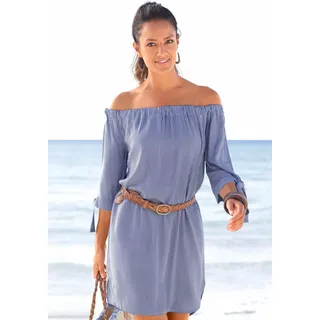 Blusenkleid LASCANA, Damen, Gr. 46, N-Gr, blau (blau, weiß), Web, Obermaterial: 100% Viskose, gestreift, figurumspielend ca. Mitte Oberschenkel, Carmenausschnitt, Kleider Blusenkleid, mit Streifendruck und Carmenausschnitt, Sommerkleid, Strandkleid