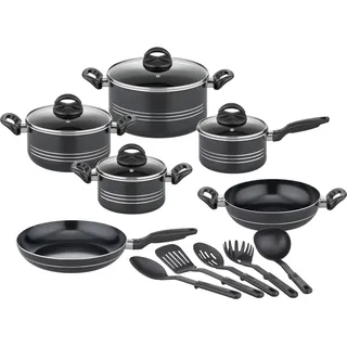 GSW Milano Nero Topf-Set 15-tlg. Kochtopf + Servierpfanne + Kasserolle + Bratpfanne + Glasdeckel