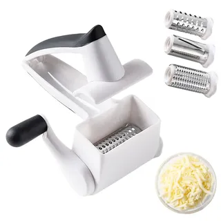 Parmesanreibe, Käsereibe Mit Kurbel Aus Edelstahl, 3-in-1 Parmesanmühle mit 3 Edelstahltrommel, Spülmaschinenfeste Trommelreibe mit Edelstahlklinge, für Hartkäse, Schokolade, Nüssen