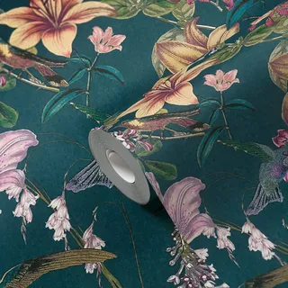 A.S. Creations Architects Paper Blumentapete Jungle Chic Vogeltapete Vliestapete blau gelb grün rot schwarz matt glatt 377012 -