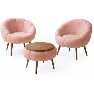 Hanah Home Elegantes Ohrensessel- und Couchtisch-Set (3-teilig), Rosa | 100% melaminbeschichteter Stoff, weiches Material, Beine aus Eschenholz | Moderner Komfort