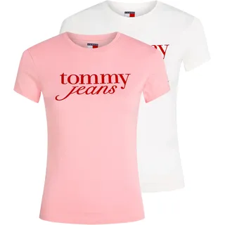 T-Shirt TOMMY JEANS "TJW 2PACK ESSENTIAL LOGO TEE", Damen, Gr. XS (34), pink (ecru, pink sugar), Single Jersey, Obermaterial: 70% Baumwolle, 30% Viskose, bedruckt, slim fit kurz, Rundhals, abgesteppt, Shirts T-Shirt, mit Logodruck
