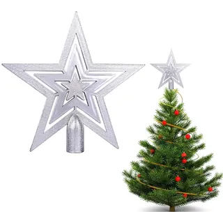 Christbaumspitze Stern Verzierung, Weihnachtsbaumspitze Glitzer-Stern,Christbaumspitze für Jede Baumspitze - Weihnachtsstern bruchsicher (Elegant - Silber)
