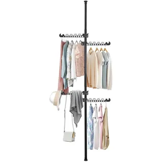 BAOYOUNI Teleskop Kleiderständer mit 4 Armen, Stehend Wäscheständer aus Metall, Höhenverstellbar Teleskopstange Kleiderbügel für Schlafzimmer, Ankleidezimmer, Büro, Boden bis zur Decke, Schwarz