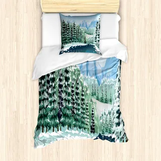 ABAKUHAUS Wald Mantele, Winter-Jahreszeit-Bäume, Milbensicher Allergiker geeignet mit Kissenbezügen, 135 cm x 200 cm - 80 x 80 cm, Grün, Blau, Weiß - Grün
