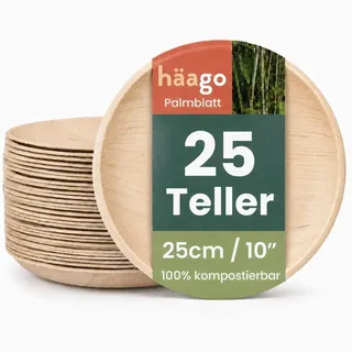 HAAGO 25 Palmblatt-Teller, 25 cm rund – stabile große Einwegteller für Speisen, Party, Grillen & Hochzeit – kompostierbar, mikrowellen-, backofen- & gefriergeeignet, Holzteller, Bambus-Optik