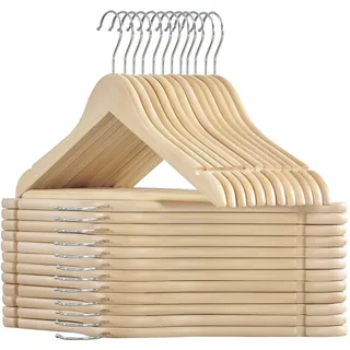 SONGMICS Kleiderbügel Holz, 24er Set Bügel, Holzbügel, Einkerbungen im Schulterbereich, Hosensteg, Hosenbügel, 360° drehbarer Haken, für Jacken Hemden Mäntel, naturbeige CRW010N24