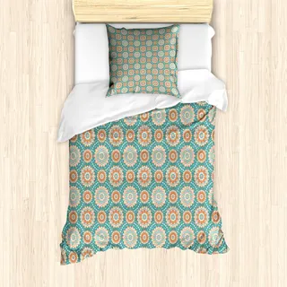 ABAKUHAUS Lotus Bettbezug Set für Einzelbetten, Orientalisches Mandalamuster, Milbensicher Allergiker geeignet mit Kissenbezug, Hellblau Beige Pfirsich - Beige