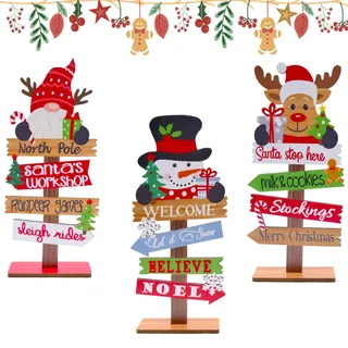 TULEBOLIAN 3 Stück Weihnachten Holz Dekorationen,Weihnachtsbaum für Den Schreibtisch, Weihnachtsmann + Schneemann + Rentier,Deko Aufsteller aus Holz,für Zuhause,Büro,Esstisch,Wohnzimmer, Kaminsims