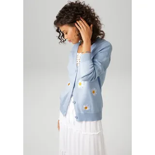 Aniston CASUAL Strickjacke mit aufgestickten Margeriten verziert, hellblau, weiß, gelb
