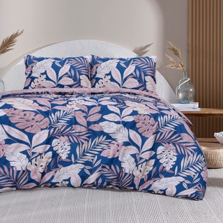 Sleepdown Bettwäsche-Set für Einzelbett, 135 x 200 cm, tropisches Palmen, Blumenmuster, Rosa/Marineblau