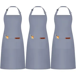 umboom 3 Stücke Grau Kochschürze, Verstellbare Küchenschürze mit 3 Taschen für Herren Frauen, Gastronomie Arbeits Schürze für Kellner Chef Friseur Barista Backen Bar (Polybaumwolle - Grau)