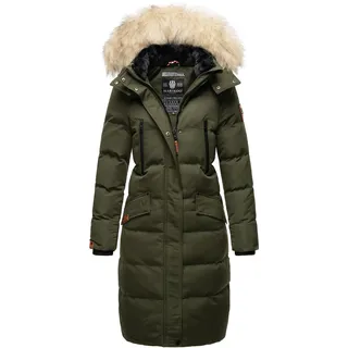 Marikoo Damen Winterjacke Langer veganer Parka Warm Stepp Mantel mit abnehmbarer Kapuze und Kunstfellkragen Schneesternchen Olive Gr: 36 - S - dunkelgrün