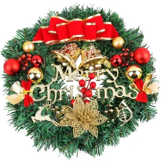 LATERN 30CM Weihnachtskranz, Künstlicher Haustür Weihnachtskranz Weihnachtsgirlande mit Schleife Glocke Hirsch Rote Beere Blume für Tür Wand Kamin Fenster Christmas Baum Dekoration