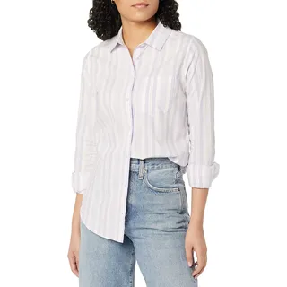 Amazon Essentials Damen Regular-Fit Langarm-Button-Down-Popeline-Hemd, Lila Weiß Bunte Streifen, L