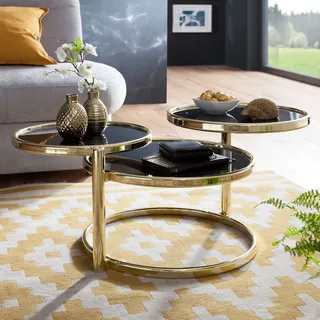 FineBuy Couchtisch mit 3 Tischplatten 58 x 43 x 58 cm Beistelltisch rund Wohnzimmertisch Glas / Metall Designer Glastisch Sofatisch Schwarz Gold - Gold