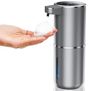 Fantictas Seifenspender Automatisch Wandbefestigung mit Sensor Infrarot,380ml Elektrischer Seifenspender ohne Bohren mit USB Wiederaufladbar,IPX5 Wasserdicht für Bad Toilette Küche-Silber