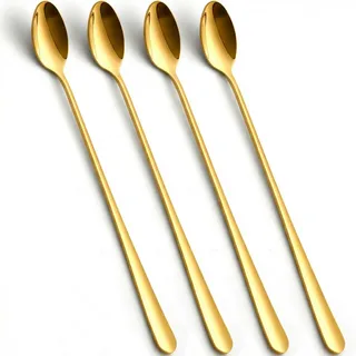 Kucensi Lange Latte Macchiato Löffel Set, 4 - teilig 22.3cm Edelstahl Eislöffel Rührlöffel für kaffee Tee Milchshakes Cocktails Dessert, Perfekt für Eisbecher & Getränke spülmaschinengeeignet(Gold)