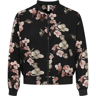 Bomberjacke ONLY CARMAKOMA "CARLUX LIFE LS BOMBER JACKET NOOS", Damen, Gr. 46, bunt (schwarz aop:autumn blooming), Web, Obermaterial: 97% Polyester, 3% Elasthan, bedruckt, regular fit normal, Bündchen, Jacken Bomberjacke, Materialmix, regular fit