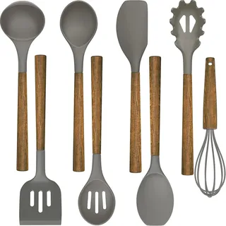 8-Teiliges Küchenhelfer Set, Silikon Küchenutensilien Kochlöffel Set mit Holzgriff und Loch für Kochen und Backen, Antihaft Hitzebeständiges Küchenhelfer, Schneebesen, Spatel(Grau)