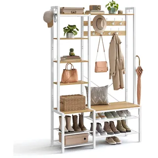 VASAGLE Garderobenständer mit Schuhbank 40 x 120 x 190 cm Goldeichenfarben-Wolkenweiß