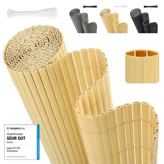 Sekey PVC Sichtschutzmatte Doppelte Verstärkung Innen, Sichtschutz mit Kabelbindern, Sichtschutzzaun Windschutz Wasserdicht ohne Bohren für Balkon Garten, Bambus