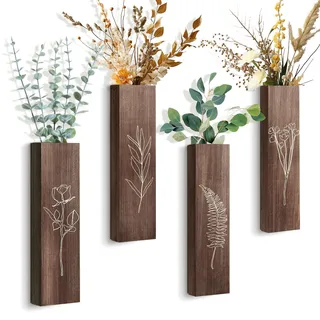 Kedemas 4er-Set Wandpflanzgefäße aus Holz Plus 20 einzelne simulierte Eukalyptusblätter, Hängende Vasen für Trockenblumen & Kunstpflanzen, stilvolle Wanddekoration für Wohnzimmer & Schlafzimmer