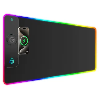 RGB Gaming Mauspad 15W Qi Mousepad LED 900x400x4mm 10 Beleuchtungsmodi mit 10W Schnellladung Qi Kabelloses Laden für I-Phone 13/13 Pro Handy, Kopfhörer, Wasserdicht, Rutschfest (Schwarz-Max)