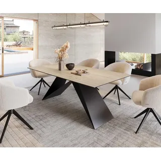 DeLife Esstisch Edge 200x100 Keramik Travertin Natur V-Gestell Flachstahl Schwarz