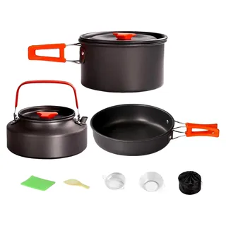 Camping Kochgeschirr Set, 3-teiliges Reisekochgeschirr - Tragbares stapelbares Topfset für Reisen, Grillen, Wandern, Rucksackreisen und Picknick