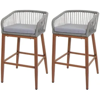 Mendler 2er-Set Rope-Barhocker HWC-O22, Outdoor Sitzpolster Seilgeflecht Metall Holz-Optik ~ hellgrau, Kissen hellgrau