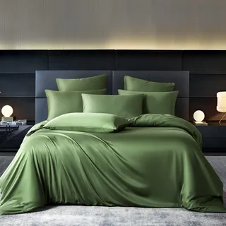 YASMENG Bambus Bettwäsche 135x200 Olivgrün Uni Einfarbig 50% Bambus Lyocell Bettwäsche Kühlend Weich Atmungsaktiv Seidig Langlebige Seide Bettbezug Set 2teilig mit Reißverschluss und 80x80 Kissenbezug