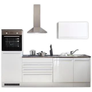 Stella Trading Jazz 6 Moderne Küchenzeile mit Elektrogeräten in Weiß Hochglanz, Metallic Grau - Geräumige Einbauküche mit viel Stauraum - 260 x 200 x 60 cm (B/H/T)