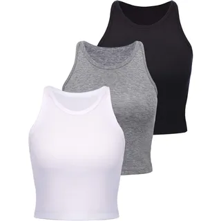 3 Stück Crop Tops Racerback Crop für Frauen Crop Tank Workout Tops Baumwolle Basic Sport Crop für Damen Mädchen, Schwarz, Weiß, Hellgrau, XX-Large