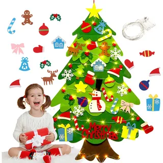 WDEC 34 Pcs Filz Weihnachtsbaum, mit LED Lichterkette 5 m, DIY Weihnachtsbaum Set Edition 34 Pcs Ornamente Wand Dekor Für Kinder Weihnachten Geschenk Home Tür Wand Dekoration