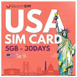 BeachSIM USA SIM Karte für 30 Tage. 5 GB Datenvolumen mit 4G/5G-Netzen. Schnelle Aktivierung. Einfaches Aufladen. Nur Daten. Funktioniert auf iOS- und Android-Geräten.