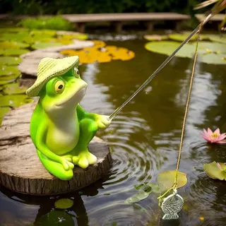 Znnhnn Garten Angler Frosch Figur aus Harz - Teich Deko für Außen und Draußen - Gartenzwerge Miniteich Gartenstatue