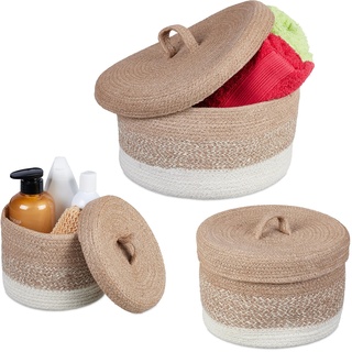 Relaxdays Aufbewahrungskorb 3er Set aus Jute, Körbchen rund, Bad Organizer, 3 Verschiedene Größen, Regalkorb, braun/weiß