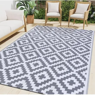 smiry Outdoor Teppich Wasserfest Balkon Camping Teppiche UV-beständig Waschbar Außenteppich Draussen Wendbarer für Terrasse, Garten, Wohnmobil - 120 x 180 cm, Grau & Weiß