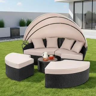 Mucola Sonnenliege Strandkorb Sonneninsel 180CM Tisch Polyrattan Gartenmuschel Set Gartenmöbel Sitzgarnitur Sunbed Kissen Beige - Schwarz - Schwarz