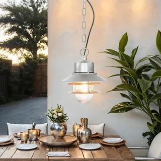 Hängelampe außen Silber Glas Edelstahl Ø22cm E27 IP44 Hof Haus Pendelleuchte