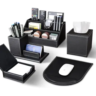 KINGFOM Büro Zubehör Set Schwarz, 5Pcs PU Leder Schreibtisch Set mit Schreibtisch Organizer, Kosmetiktücherbox, Mauspad, Stifthalter mit Visitenkartenetui und Zettelbox (T50H-Schwarz)