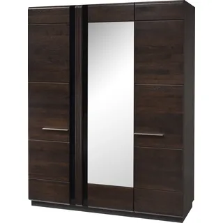 Furniture24 Kleiderschrank Porti 73 Schrank 3 Türiger mit 2 Kleiderstangen und Spiegel Eiche Massivholz Naturfurnier Eiche Schoko