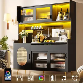 Moderner Buffetschrank 145x39x171cm im Landhausstil mit LED Lichtleiste und Ordnungslockplatte Küchenschrank 5 Türen mit Fluted Glas Schwarz - Schwarz
