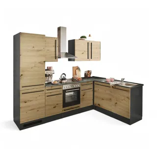 Stella Trading Jazz 8 Moderne Eckküche mit Elektrogeräten in Anthrazit, Artisan Eiche Optik - Geräumige Küchenzeile in L-Form mit viel Stauraum - 280 x 211 x 60 cm (B/H/T)