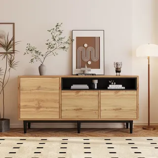 Flieks Sideboard Anrichte, Schrank im Landhausstil, Aufbewahrungsschrank für Esszimmer, Küche, Wohnzimmer, Flur, Naturbelassen + Schwarz - Naturbelassen