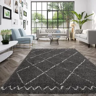 Rugs Essentials Berberteppich, Shaggy Wohnzimmer Teppich im geometrischen Stil, Teppich 160x230 cm, Weich und bequem, Pflegeleicht, 100% Polypropylen 30 mm dick, 160 x 230 cm, Schwarz - Weiß