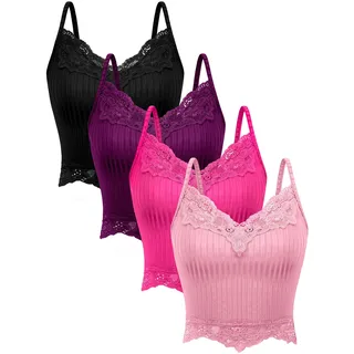 Bencailor 4 Stück Y2k Spitze Camisole Tank Tops Spitze Cami Crop Tops (Schwarz, Lila, Rosenrot, Rosa, L)