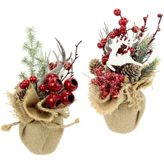 I.GE.A. Winterliche Kunstpflanze »Weihnachtsgesteck in Jute, Weihnachtsdeko im 2er Set,« Kunstblumen-Arrangement 1x mit Horn und 1x mit Hirsch, rot